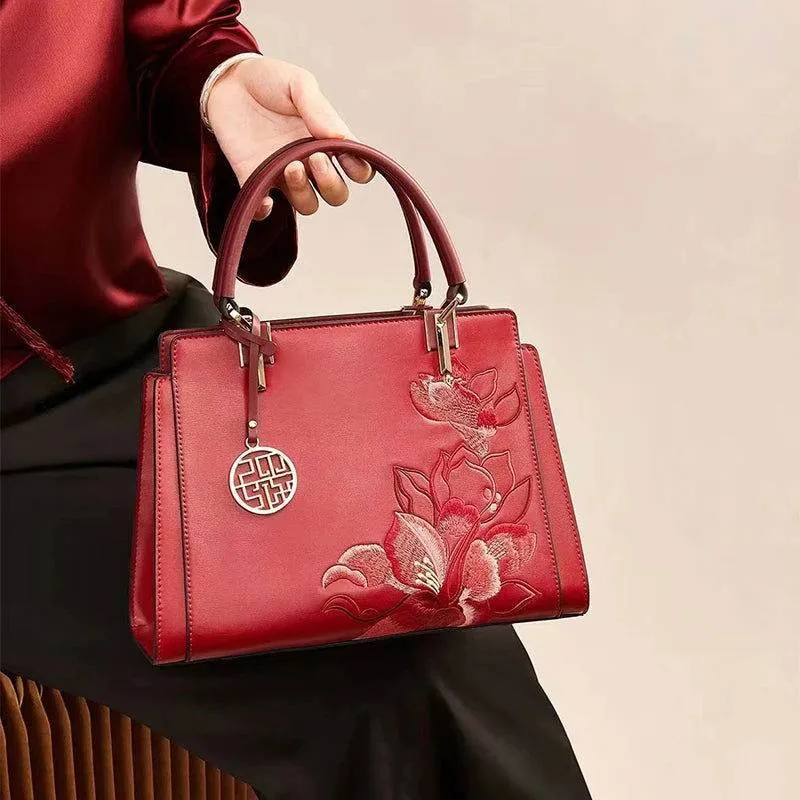 Embroidery Leather Magnolia Crossbody Tote Bag Women Handbag