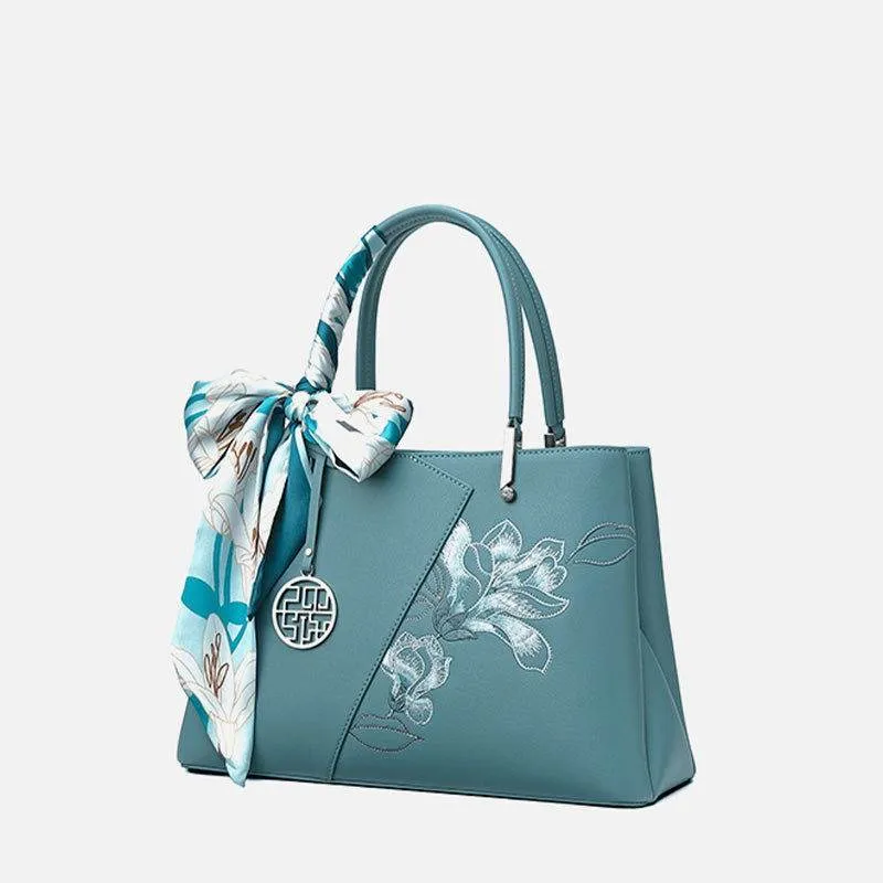 Embroidery Leather Magnolia Tote Bag Elegant Women Handbag with Scarf