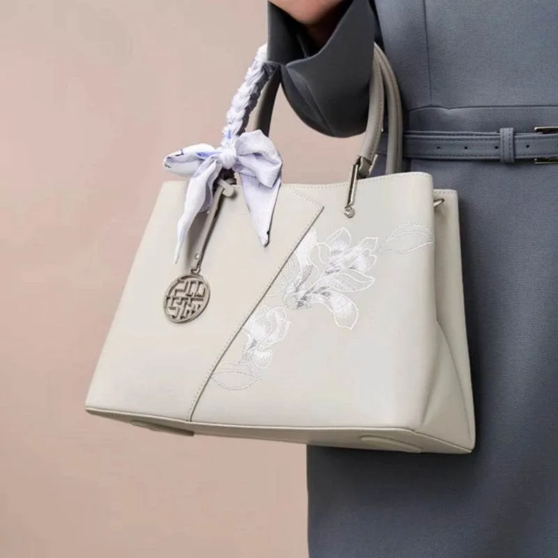 Embroidery Leather Magnolia Tote Bag Elegant Women Handbag with Scarf