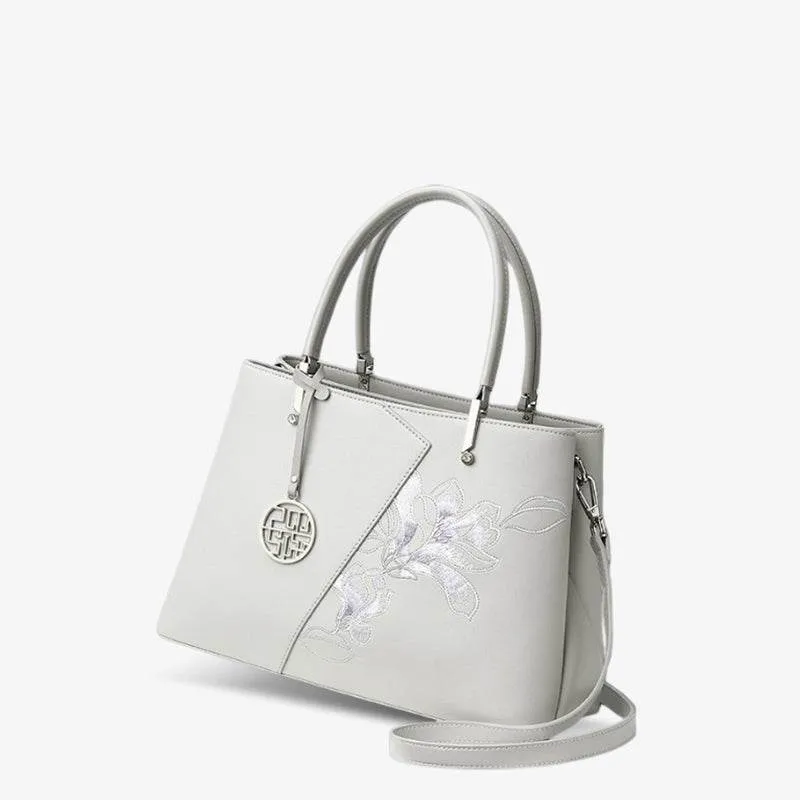 Embroidery Leather Magnolia Tote Bag Elegant Women Handbag with Scarf