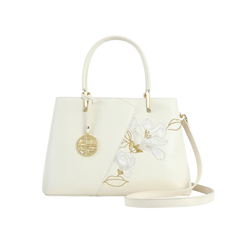 Embroidery Leather Magnolia Tote Bag Elegant Women Handbag with Scarf