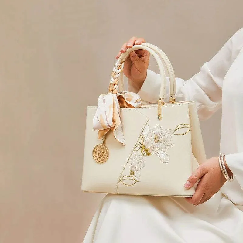 Embroidery Leather Magnolia Tote Bag Elegant Women Handbag with Scarf