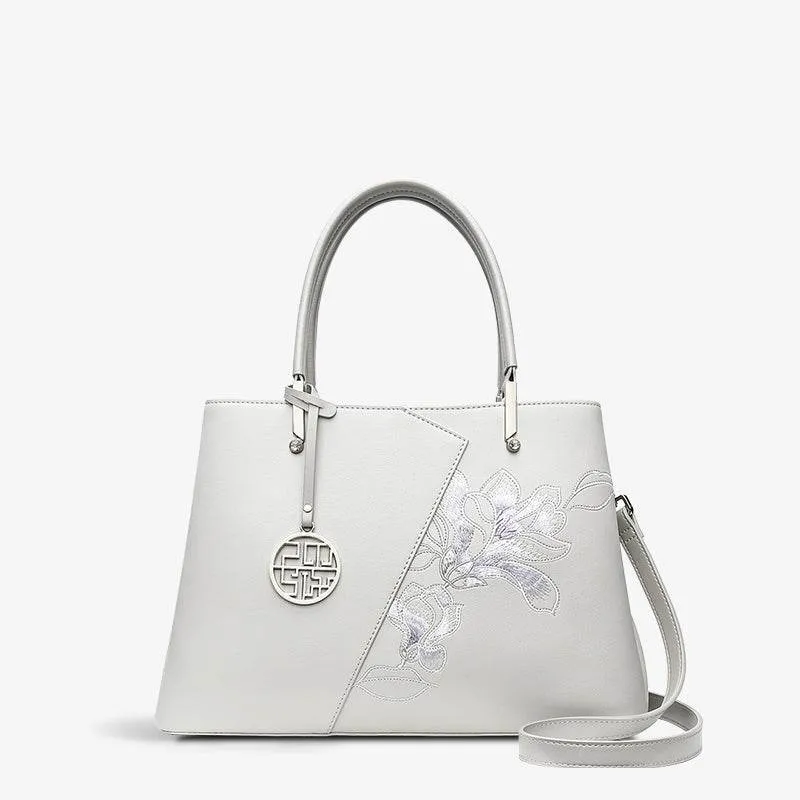 Embroidery Leather Magnolia Tote Bag Elegant Women Handbag with Scarf