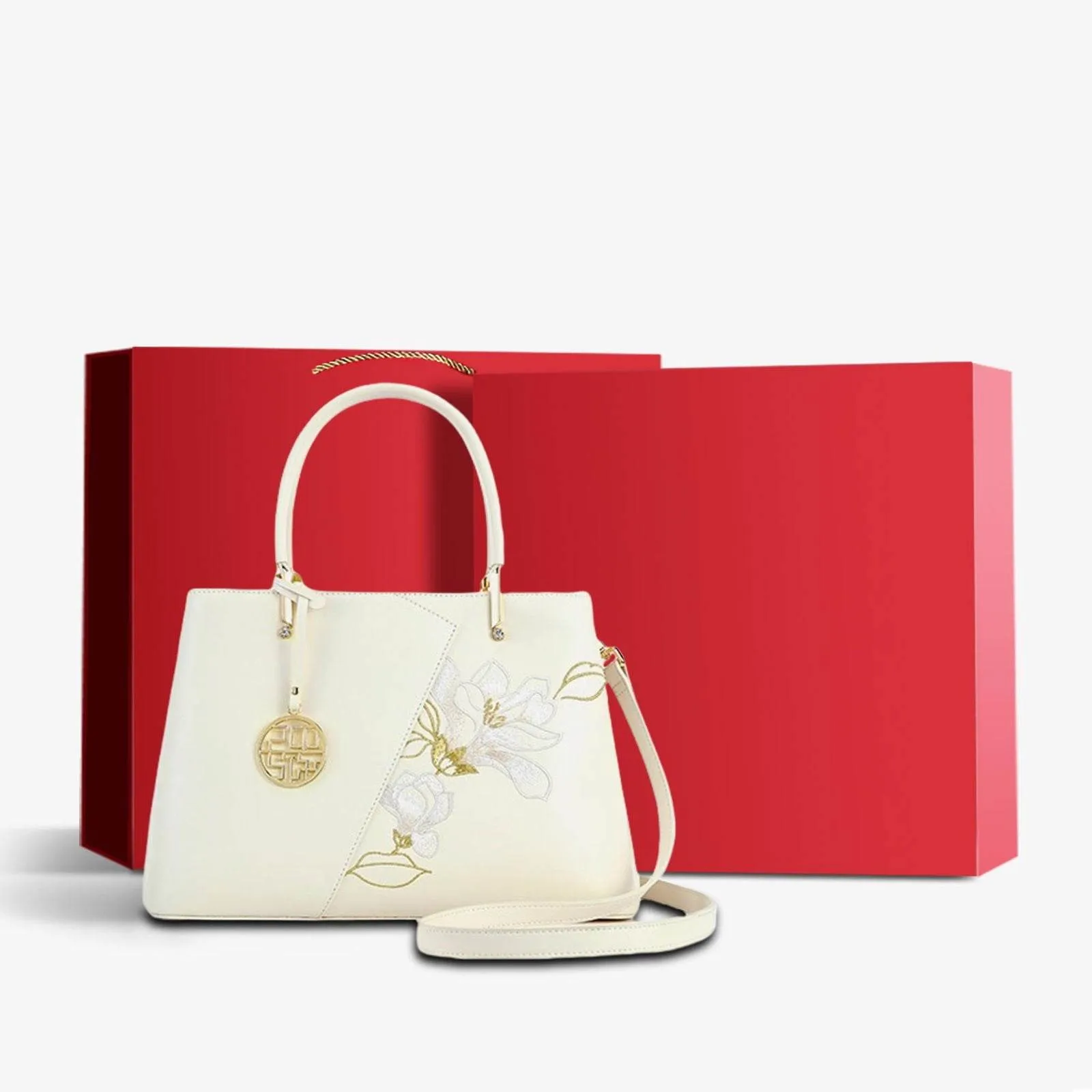 Embroidery Leather Magnolia Tote Bag Elegant Women Handbag with Scarf