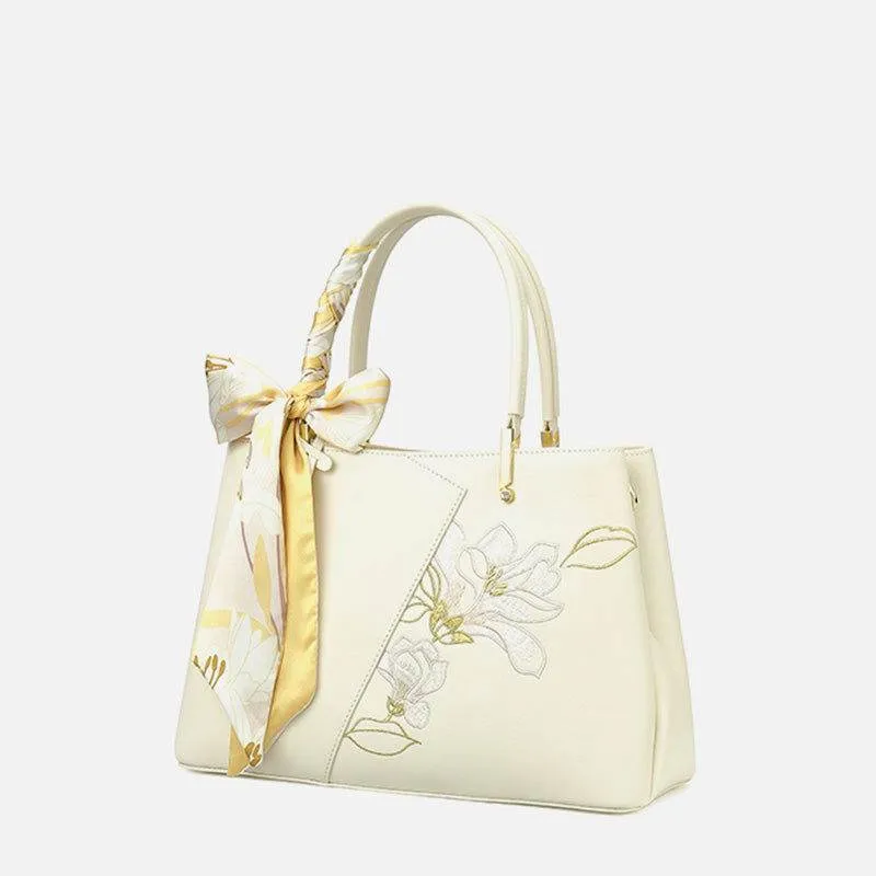 Embroidery Leather Magnolia Tote Bag Elegant Women Handbag with Scarf