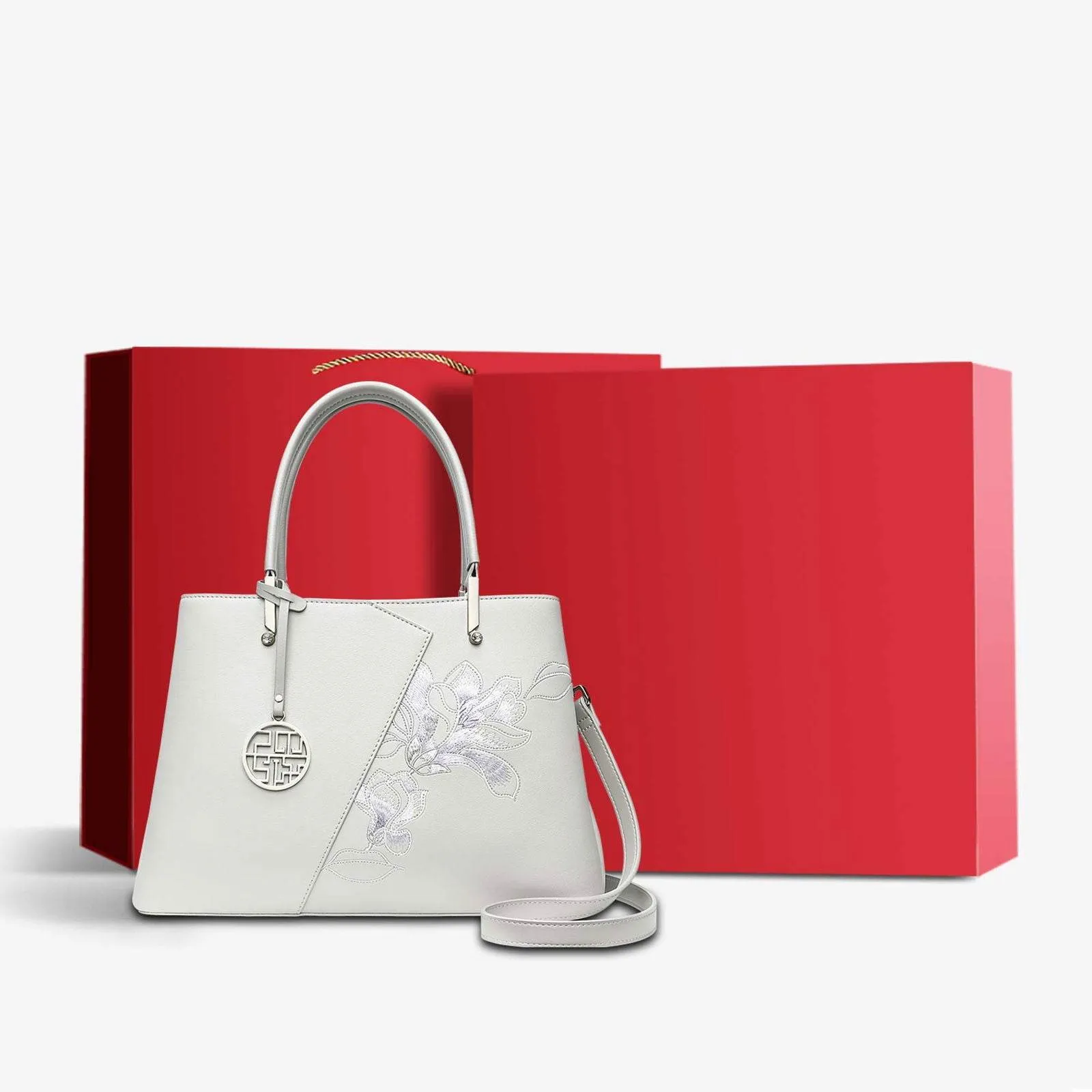 Embroidery Leather Magnolia Tote Bag Elegant Women Handbag with Scarf