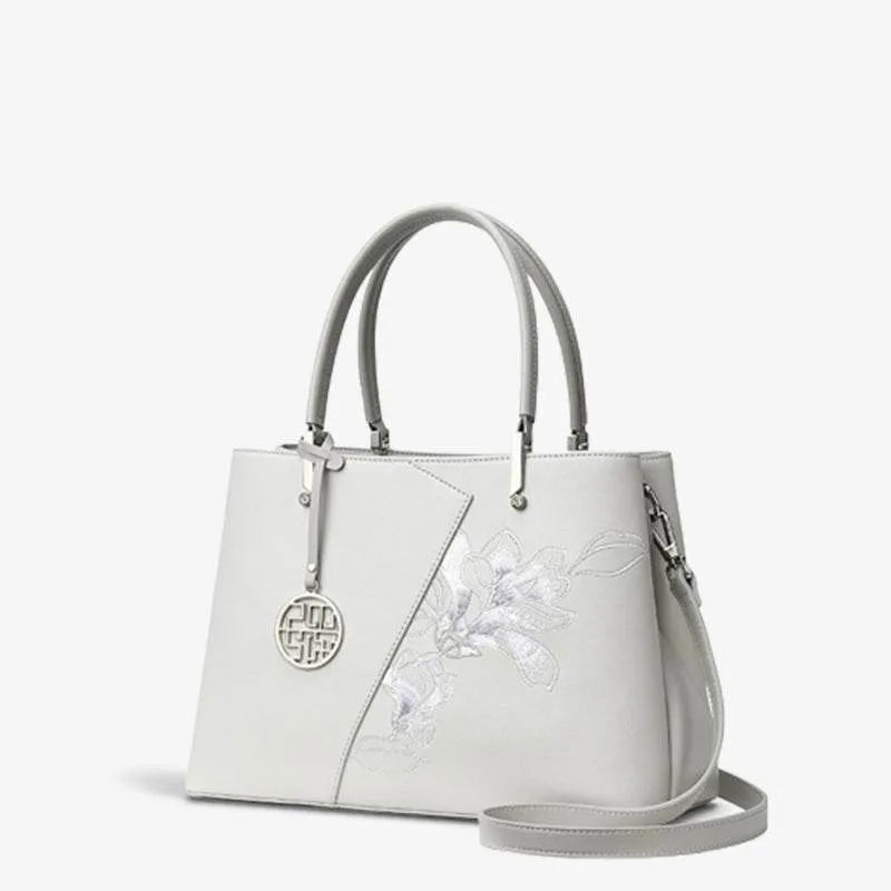 Embroidery Leather Magnolia Tote Bag Elegant Women Handbag with Scarf