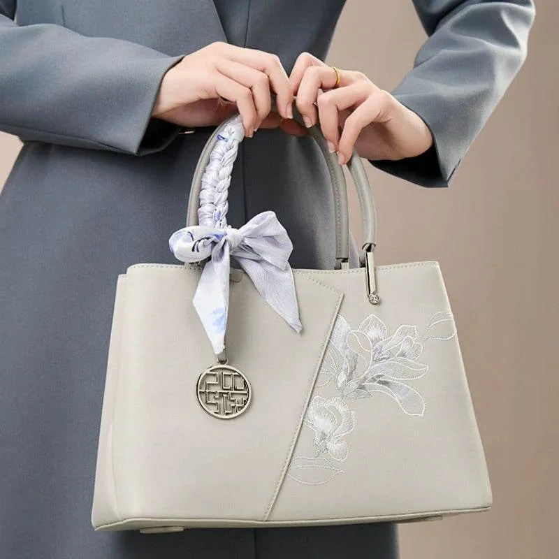 Embroidery Leather Magnolia Tote Bag Elegant Women Handbag with Scarf