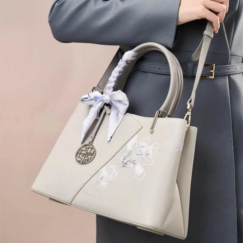Embroidery Leather Magnolia Tote Bag Elegant Women Handbag with Scarf