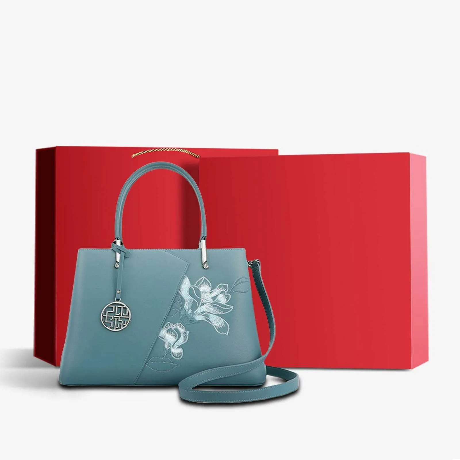 Embroidery Leather Magnolia Tote Bag Elegant Women Handbag with Scarf