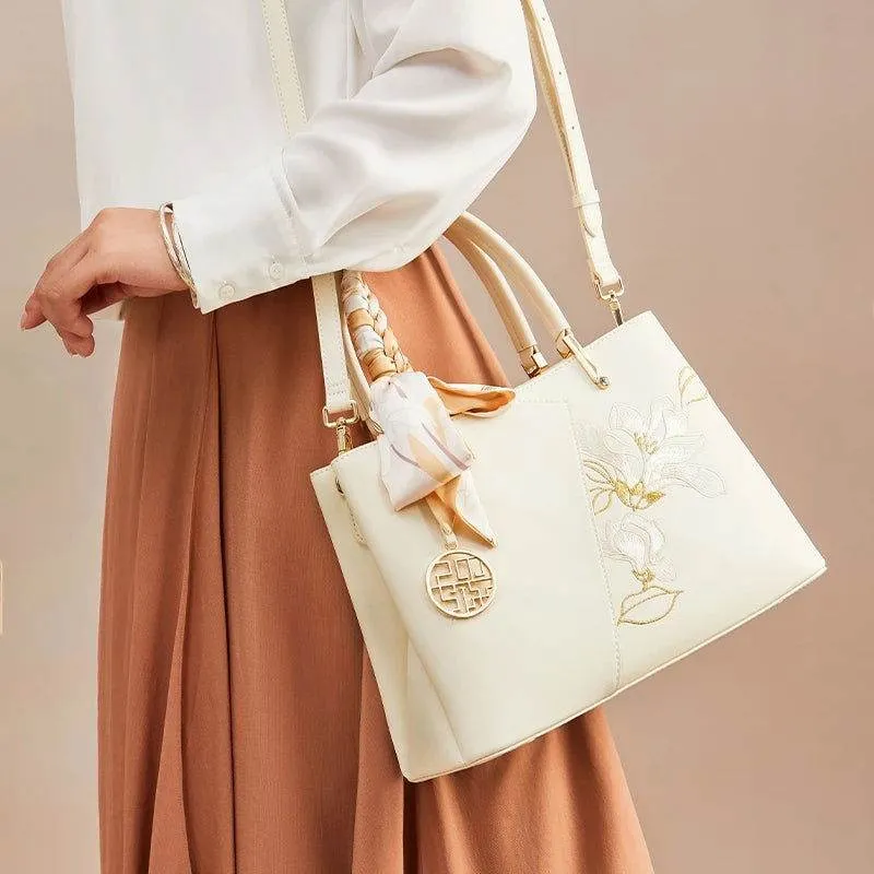 Embroidery Leather Magnolia Tote Bag Elegant Women Handbag with Scarf