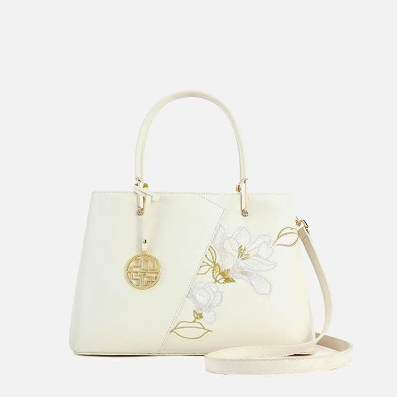 Embroidery Leather Magnolia Tote Bag Elegant Women Handbag with Scarf