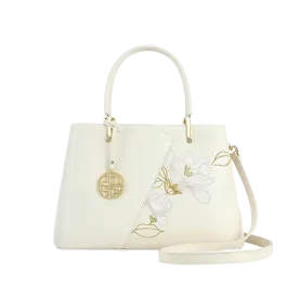 Embroidery Leather Magnolia Tote Bag Elegant Women Handbag with Scarf