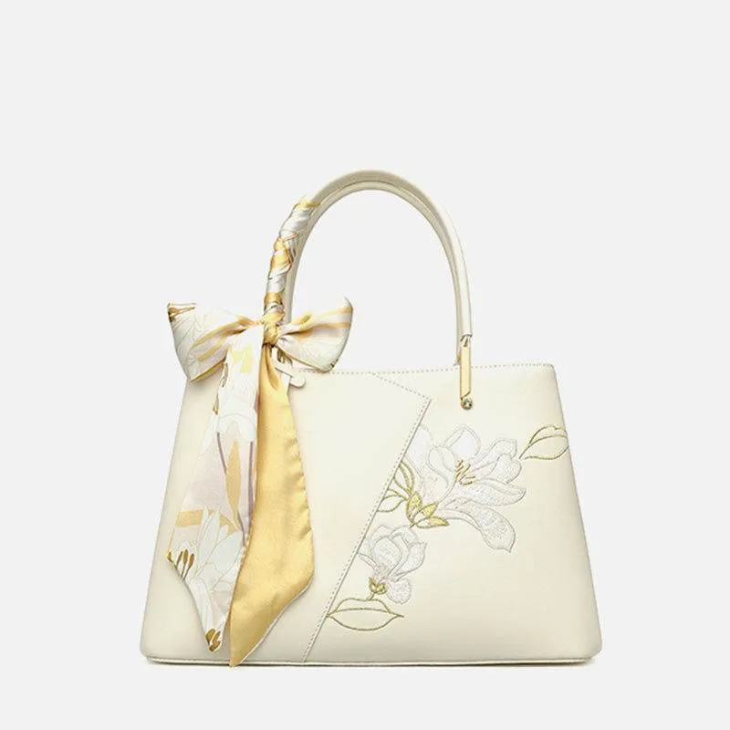 Embroidery Leather Magnolia Tote Bag Elegant Women Handbag with Scarf