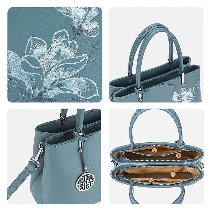 Embroidery Leather Magnolia Tote Bag Elegant Women Handbag with Scarf
