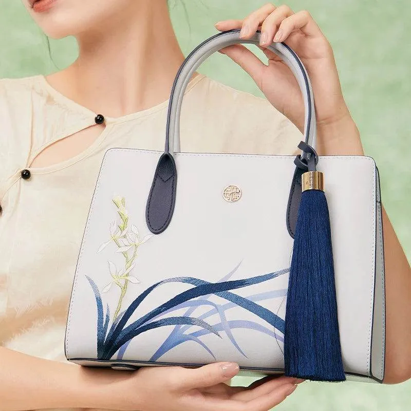 Embroidery Leather Tote Bag Blue Orchid with Pendant