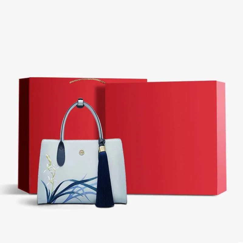 Embroidery Leather Tote Bag Blue Orchid with Pendant