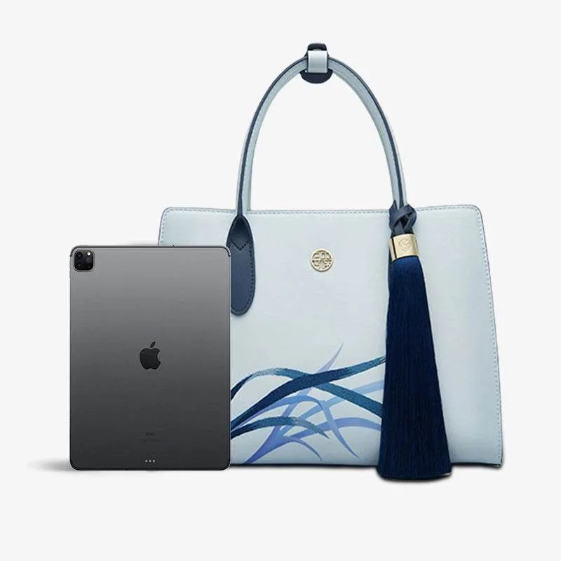 Embroidery Leather Tote Bag Blue Orchid with Pendant