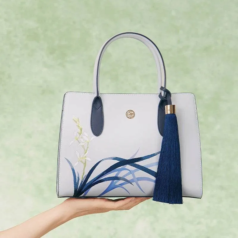 Embroidery Leather Tote Bag Blue Orchid with Pendant