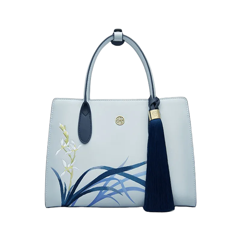 Embroidery Leather Tote Bag Blue Orchid with Pendant
