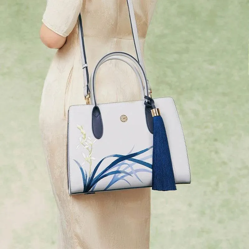 Embroidery Leather Tote Bag Blue Orchid with Pendant