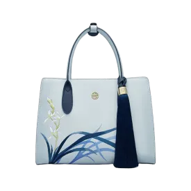 Embroidery Leather Tote Bag Blue Orchid with Pendant