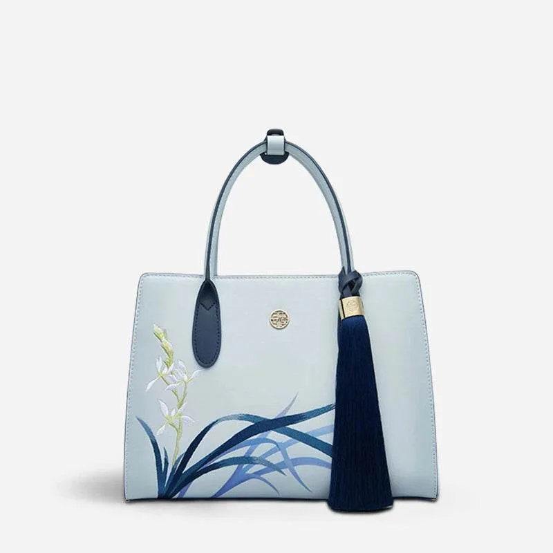 Embroidery Leather Tote Bag Blue Orchid with Pendant