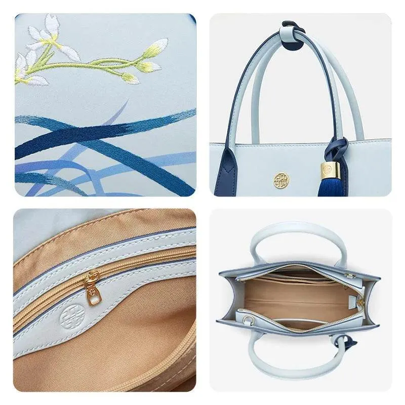 Embroidery Leather Tote Bag Blue Orchid with Pendant
