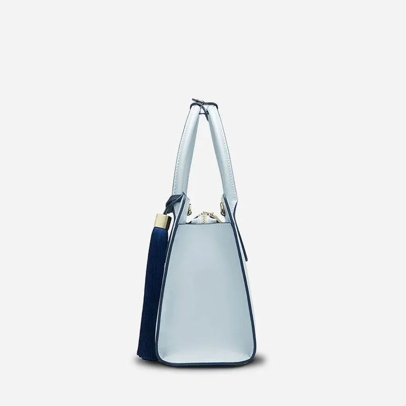 Embroidery Leather Tote Bag Blue Orchid with Pendant