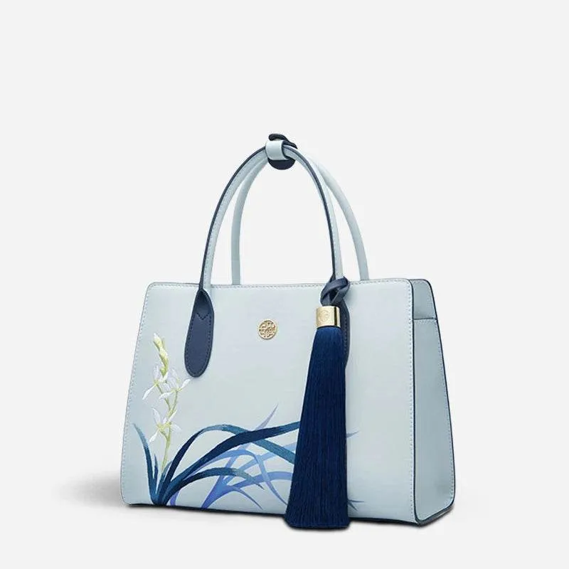 Embroidery Leather Tote Bag Blue Orchid with Pendant