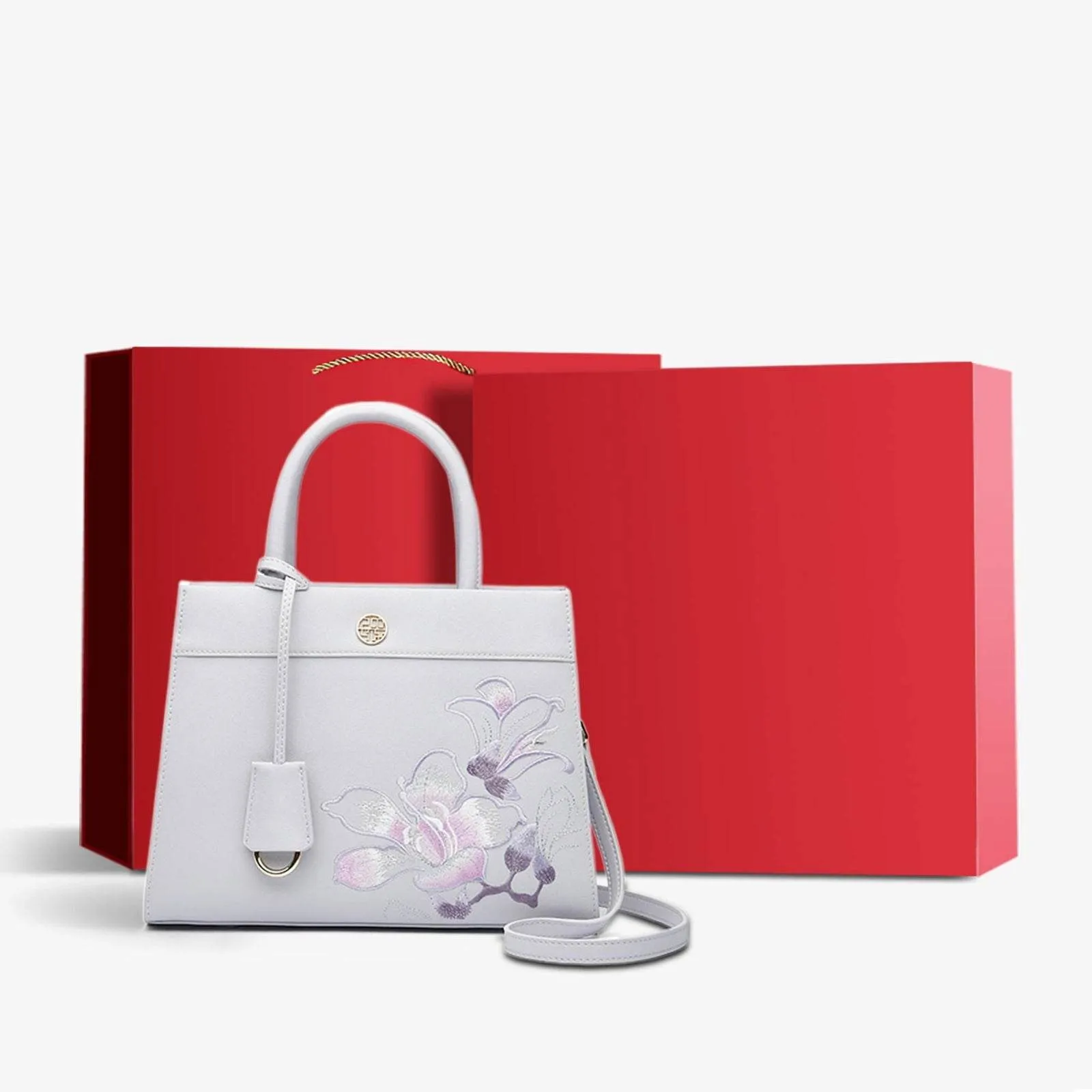 Embroidery Leather Tote Bag Purple Bauhinia Crossbody Handbag