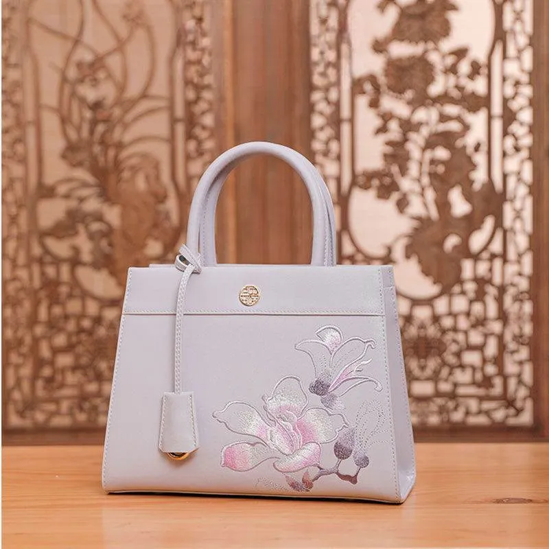 Embroidery Leather Tote Bag Purple Bauhinia Crossbody Handbag
