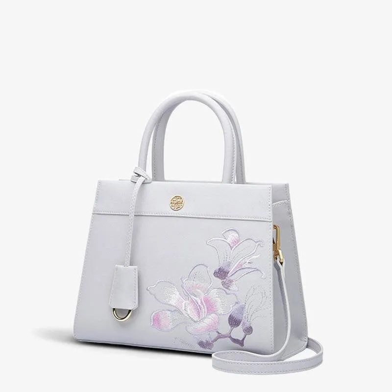 Embroidery Leather Tote Bag Purple Bauhinia Crossbody Handbag