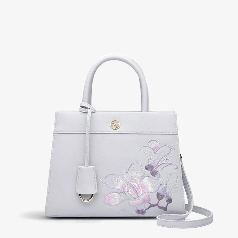 Embroidery Leather Tote Bag Purple Bauhinia Crossbody Handbag