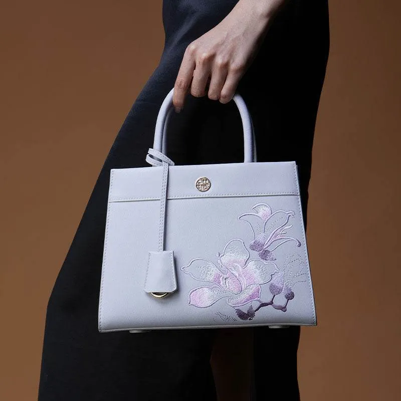 Embroidery Leather Tote Bag Purple Bauhinia Crossbody Handbag