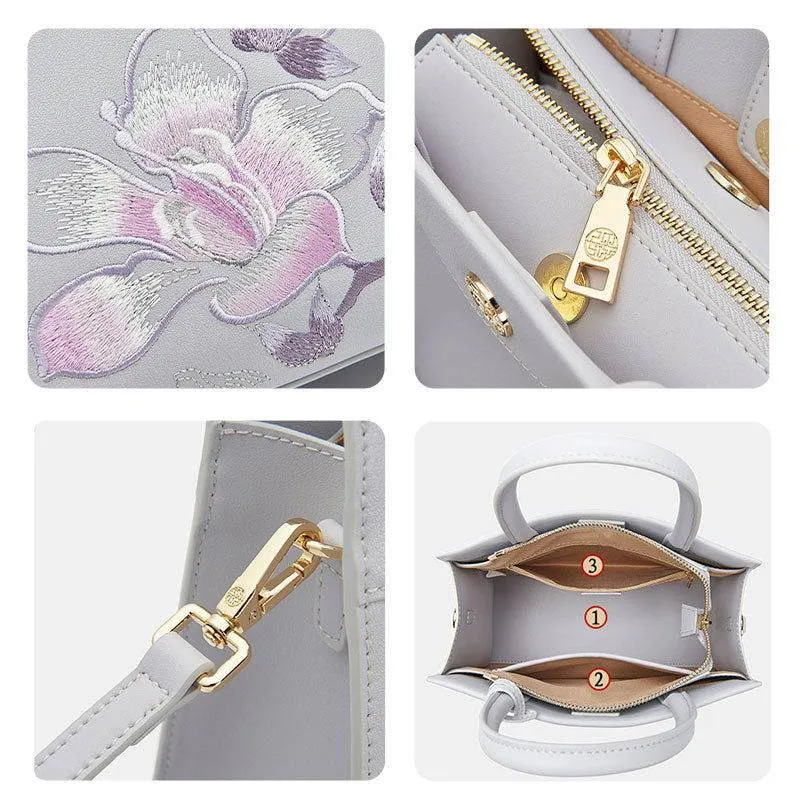 Embroidery Leather Tote Bag Purple Bauhinia Crossbody Handbag