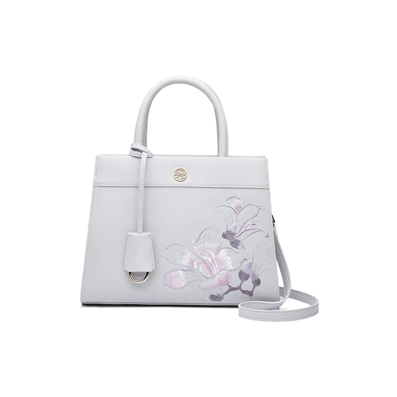 Embroidery Leather Tote Bag Purple Bauhinia Crossbody Handbag