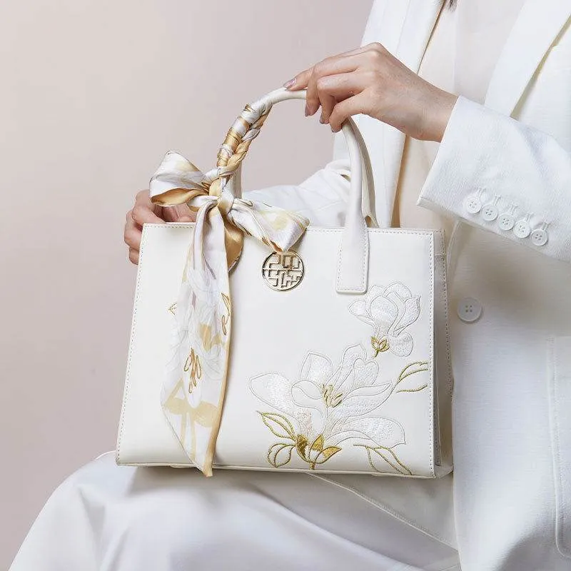 Embroidery Leather White Commuting Handbag Orchid with Scarf