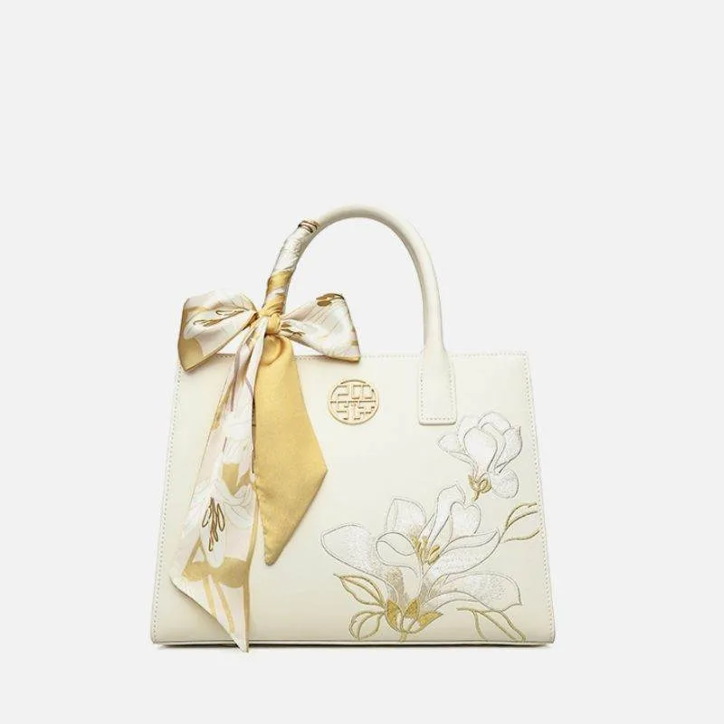 Embroidery Leather White Commuting Handbag Orchid with Scarf