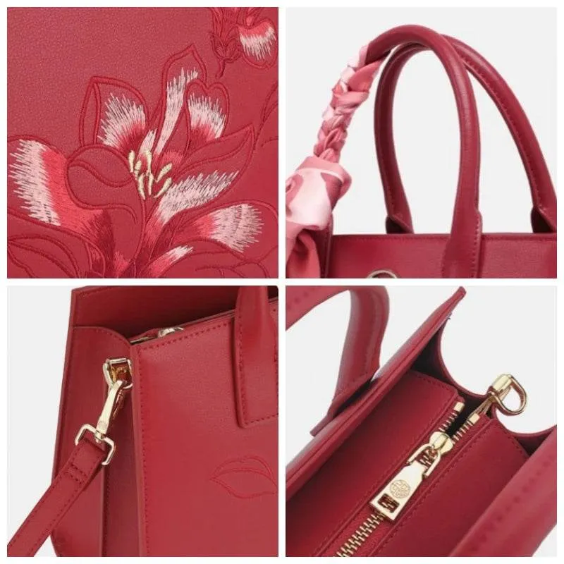 Embroidery Leather White Commuting Handbag Orchid with Scarf