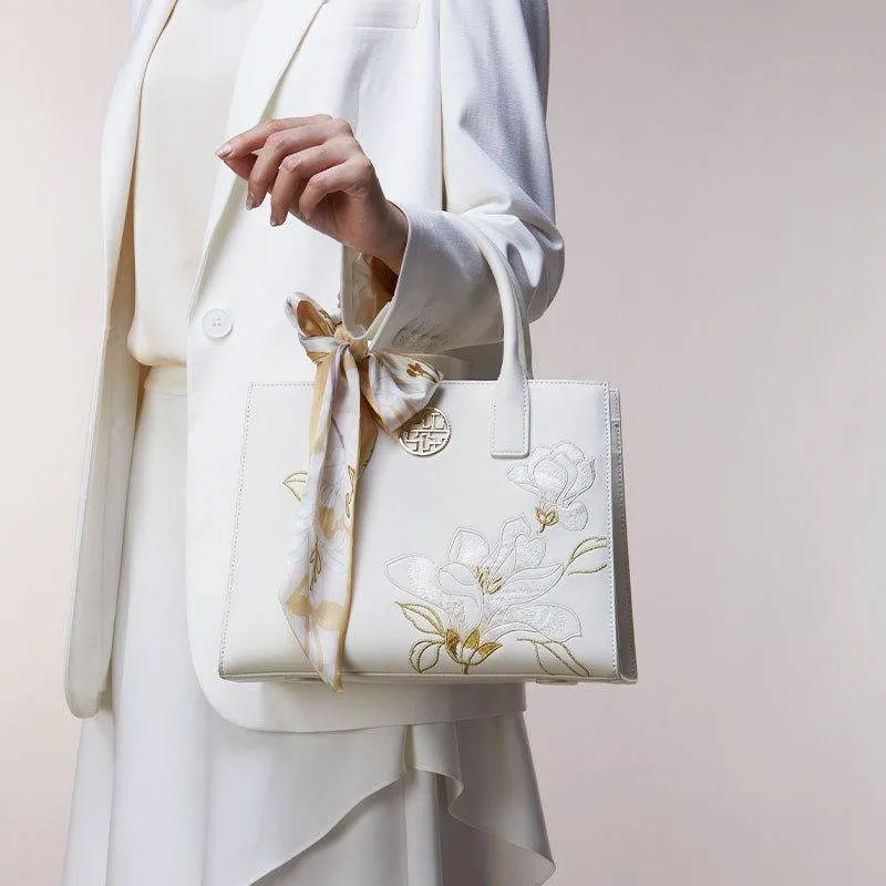 Embroidery Leather White Commuting Handbag Orchid with Scarf