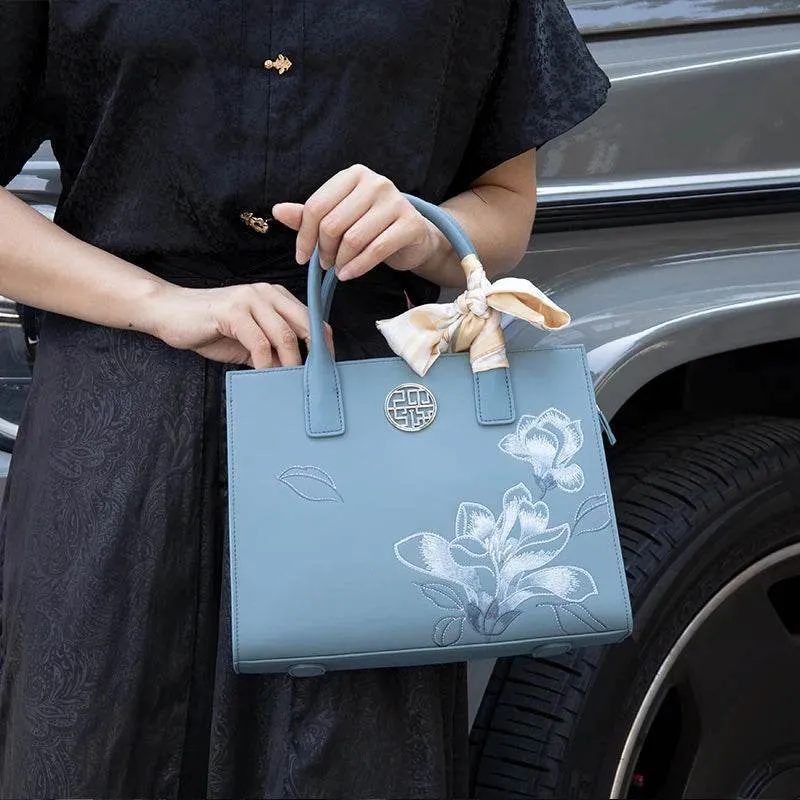 Embroidery Leather White Commuting Handbag Orchid with Scarf