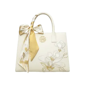 Embroidery Leather White Commuting Handbag Orchid with Scarf