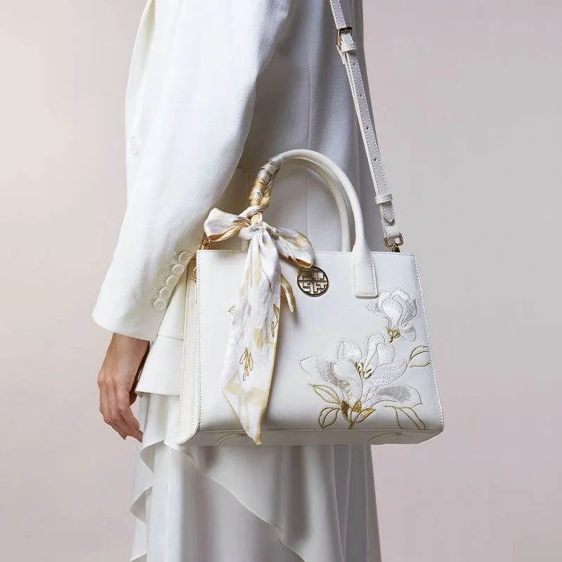 Embroidery Leather White Commuting Handbag Orchid with Scarf