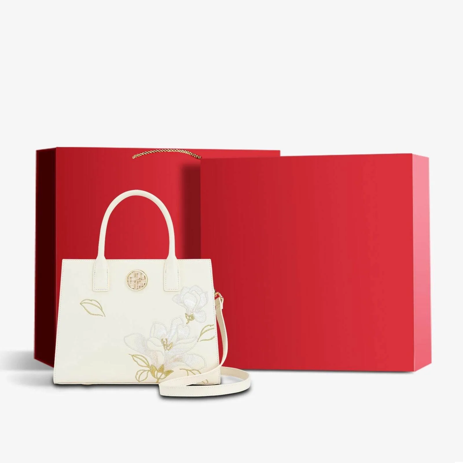 Embroidery Leather White Commuting Handbag Orchid with Scarf