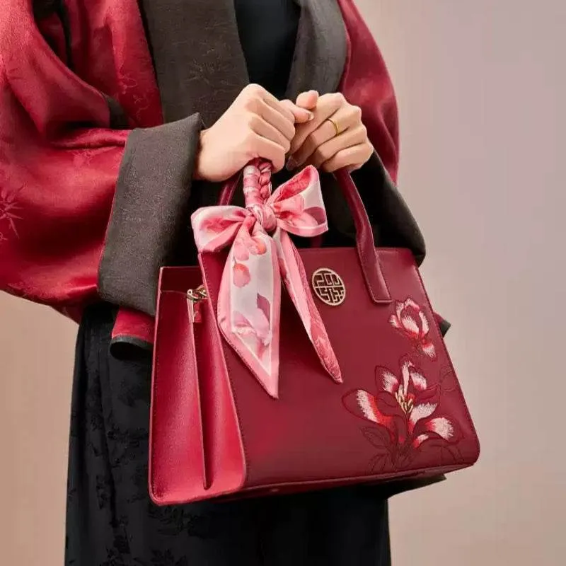 Embroidery Leather White Commuting Handbag Orchid with Scarf