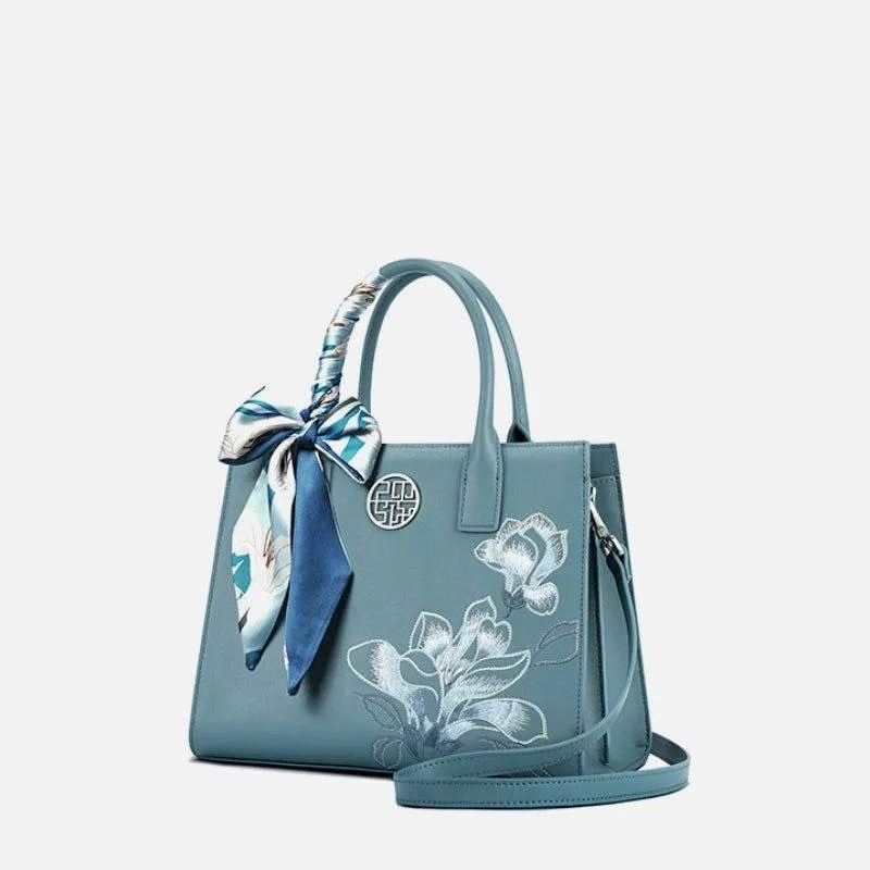 Embroidery Leather White Commuting Handbag Orchid with Scarf