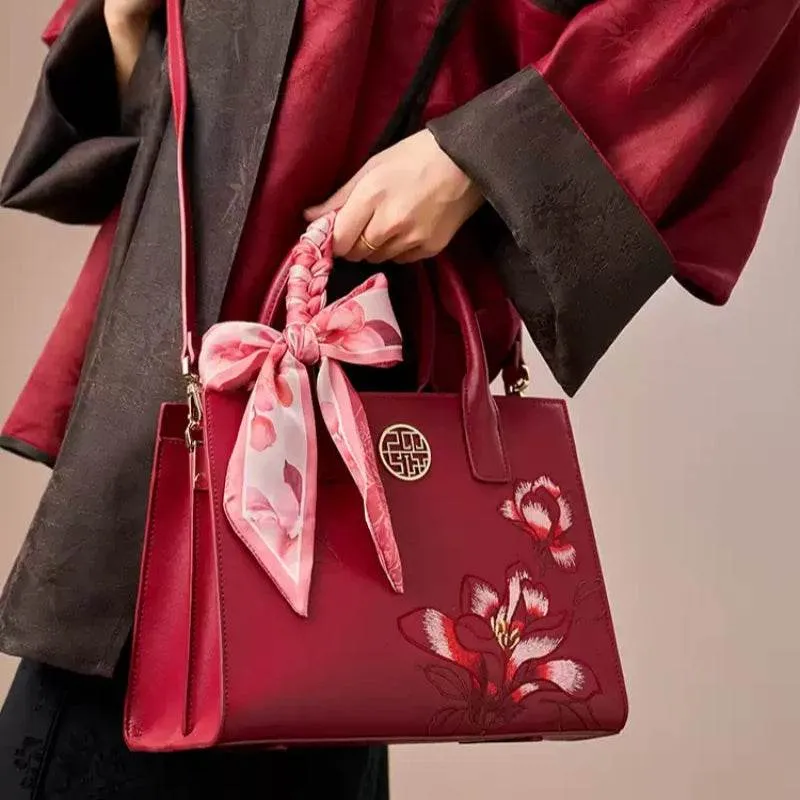 Embroidery Leather White Commuting Handbag Orchid with Scarf