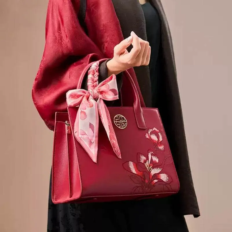 Embroidery Leather White Commuting Handbag Orchid with Scarf