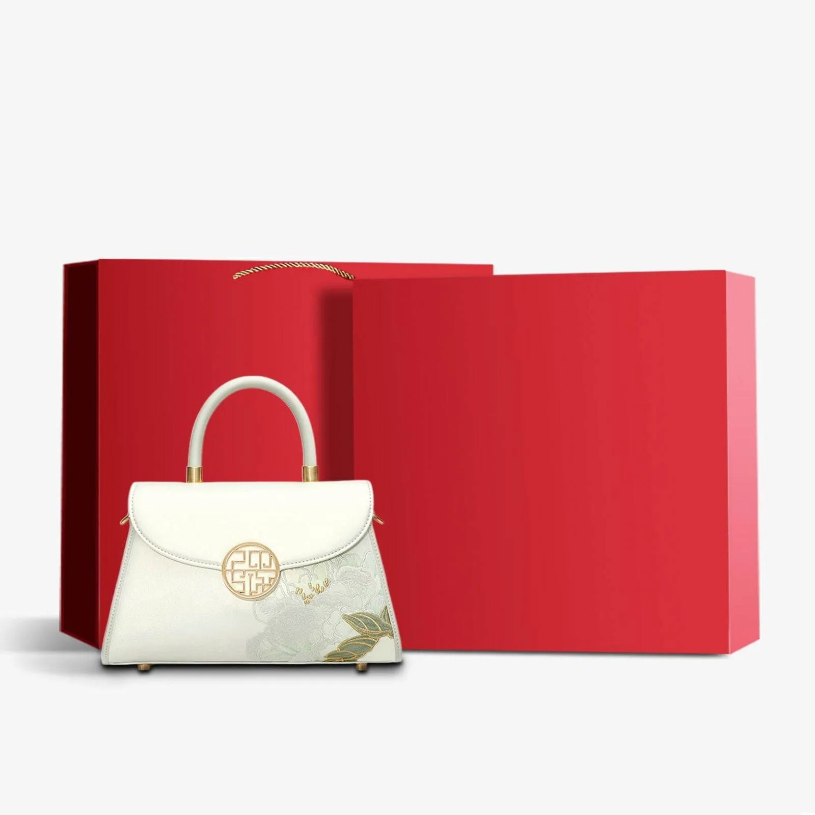 Embroidery Leather White Crossbody Bag Hibiscus Women Handbag